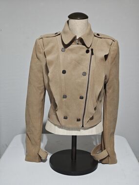 BCBGMaxAzria Cropped Double-Breasted Trench Moto Jacket in Tan Size Small